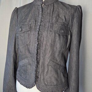 Faith & Zoe Ruffle Trim Denim Jacket Size 6 Navy Structured Blazer Style EUC